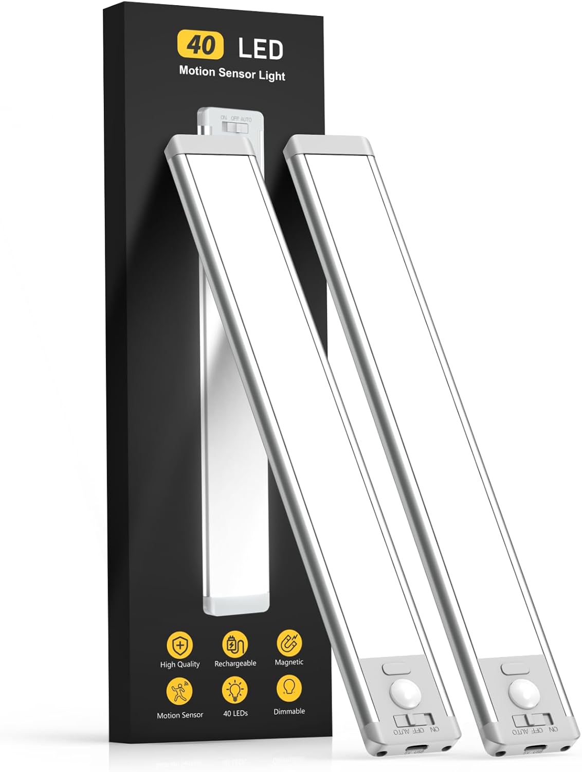 61x62WLGvNL._AC_SL1500_ MCGOR 10inch Under Cabinet Lighting, 2 Pack Rechargeable Motion Sensor Light Indoor, 5 Levels Dimmable Magnetic Closet Lights, Wireless Under Counter Lights for Kitchen, Stairs - Image 1