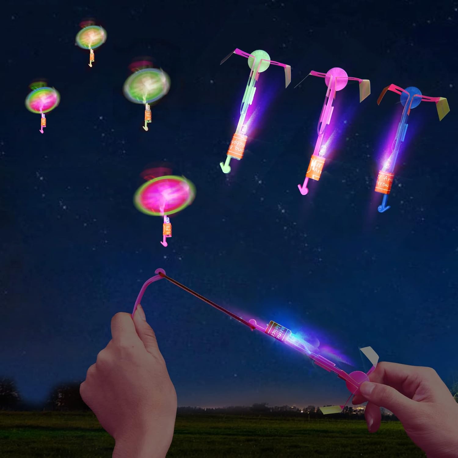 612-Q3uO3vL._AC_SL1500_ lpvoqpth 25 Sets LED Flying Set, 25 Slingshot+25 Glow Helicopter-50 Pcs, Flying Toy Outdoor Toys Glow in the Dark Party Supplies Party Favors for Kids 8-12,4-8 - Image 1