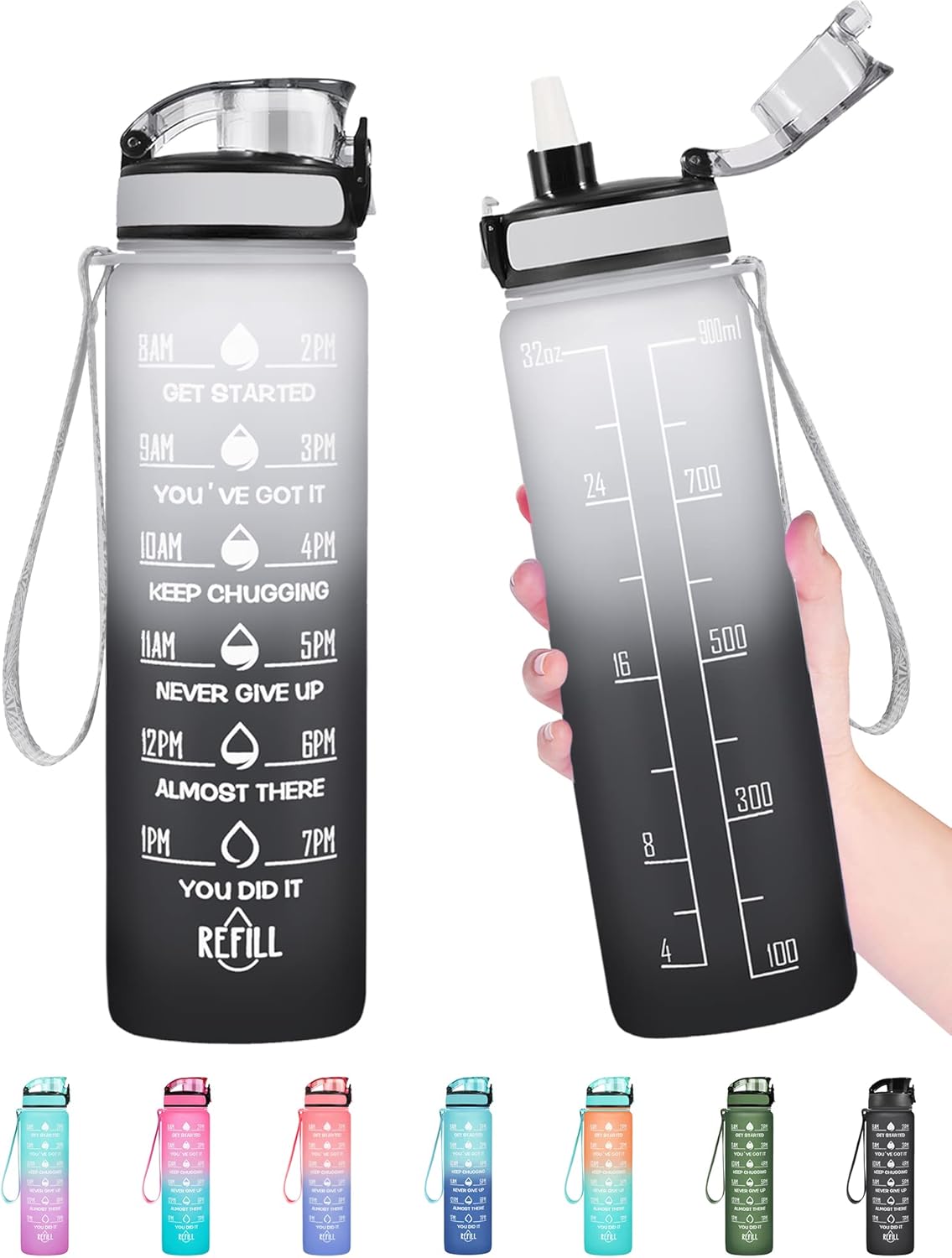 711SuXW2zWL._AC_SL1500_ Enerbone Water Bottle, Leakproof BPA & Toxic Free, Motivational Water Bottle with Times to Drink and Straw, Fitness Sports Water Bottle with Strap for Office, Gym, Outdoor Sports - Image 1