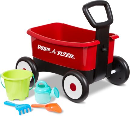 Radio Flyer Push & Pull Walker Wagon with Garden Tools, Red, for Kids 1-4 Years Old, Locking Handle for Stability, Baby Push Walker Converts to Pull Wagon, for Indoor & Outdoor Play, Amazon Exclusive