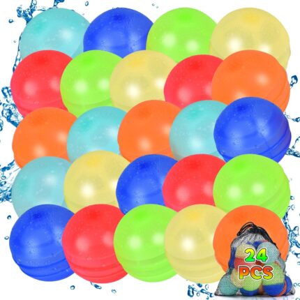 24PCS Reusable Water Balloons, Self-Sealing Silicone Water Bomb, Refillable Water Balls for Boys and Girls, Outdoor Summer Water Toys Pool Beach Park Yard