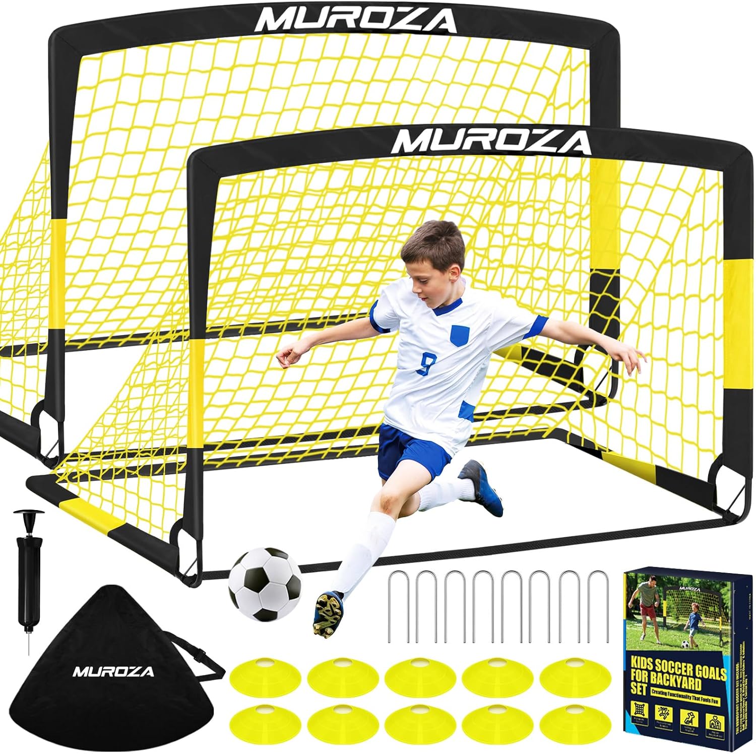81PtSg+kA7L._AC_SL1500_ Soccer Goal, Kids Soccer Goals for Backyard Set, 2 Pack of Portable Pop Up Soccer Net with Soccer Ball, Cones, Complete Training Equipment for Youth, Toddler Outdoor Sports Games - Image 1