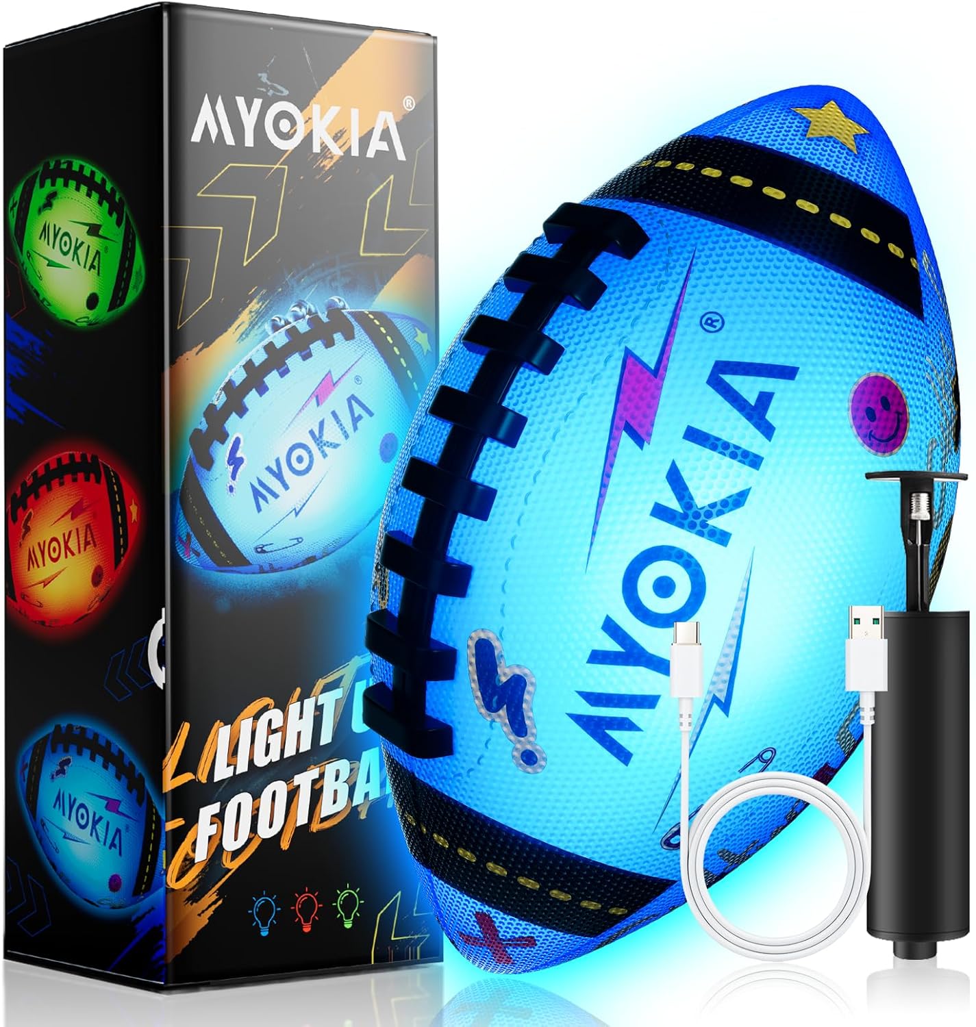 81VitTKv8wL._AC_SL1500_ Light Up Football Birthday Gift for Kids & Teens 3-15+,RGB Rechargeable Waterproof Glow in The Dark Ball with Pump & USB Cable, Tri-Color (Red, Green, Blue), Size 6, Outdoor Night Games - Image 1